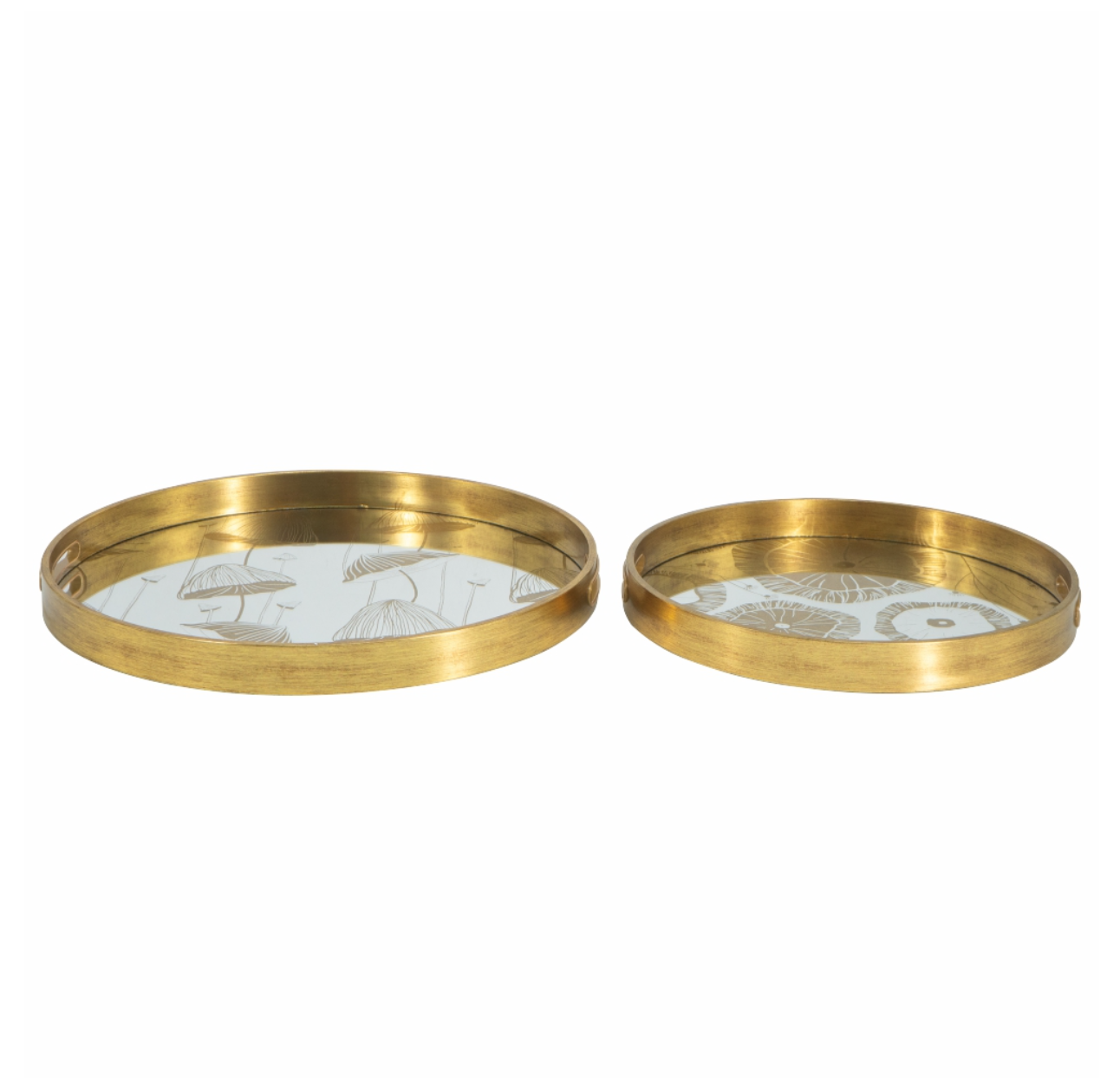 A pair of round plastic trays with a gold rim and floral motifs in the center.