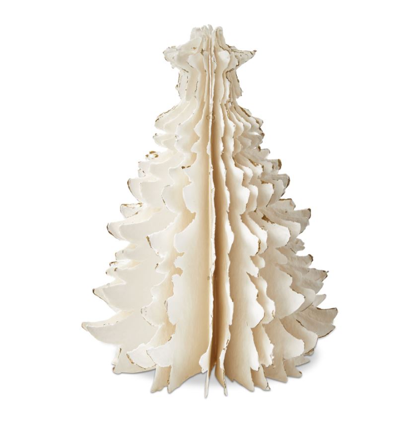 The tree is made from handmade paper and features an aluminum finish that creates a shimmering effect.