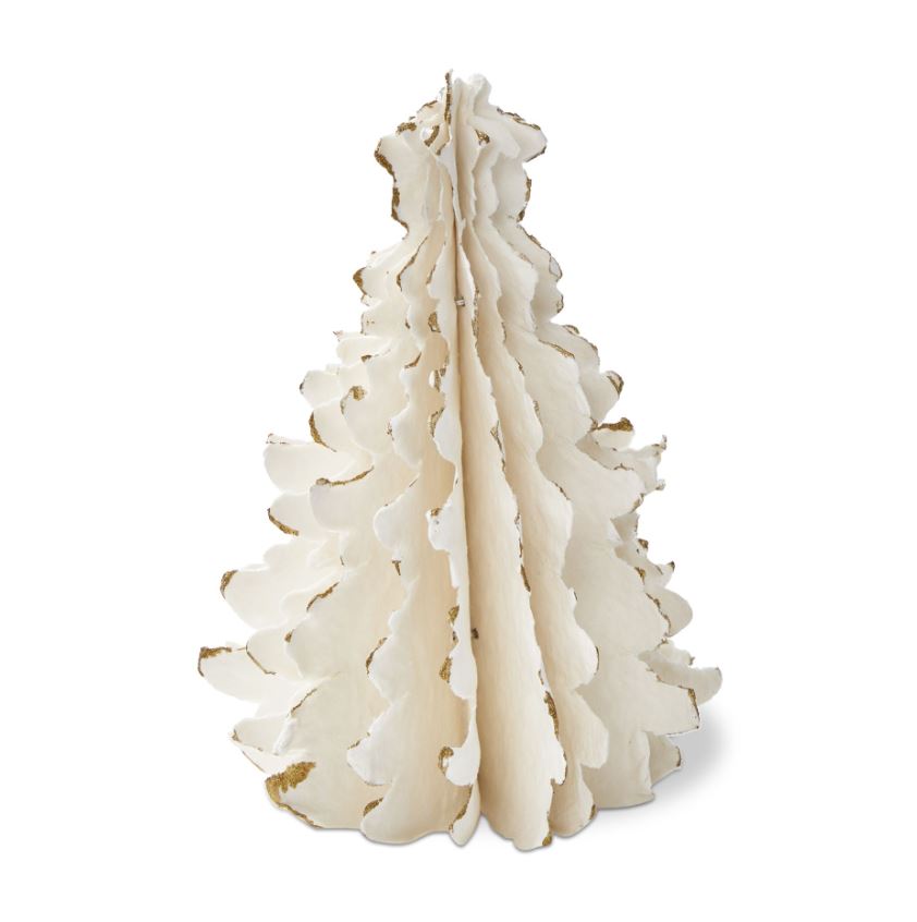 The tree is made from handmade paper and features an aluminum finish that creates a shimmering effect.