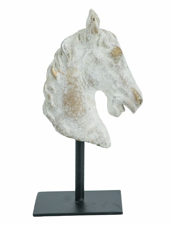 Masterfully crafted by skilled artisans, this decorative statue features an intricately detailed horse head, complete with a natural gray finish, occasional flashes of gold, and a sturdy black iron base for both stability and contrast. Whether it is displayed on its own or as part of a nature-inspired vignette, it is sure to infuse your home decor with a regal, commanding air.