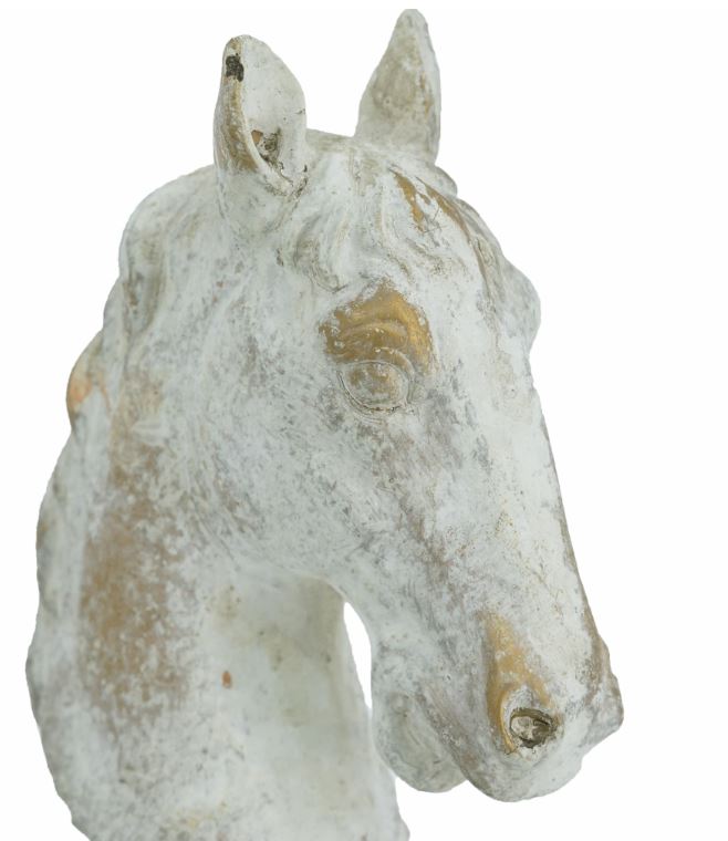 Masterfully crafted by skilled artisans, this decorative statue features an intricately detailed horse head, complete with a natural gray finish, occasional flashes of gold, and a sturdy black iron base for both stability and contrast. Whether it is displayed on its own or as part of a nature-inspired vignette, it is sure to infuse your home decor with a regal, commanding air.