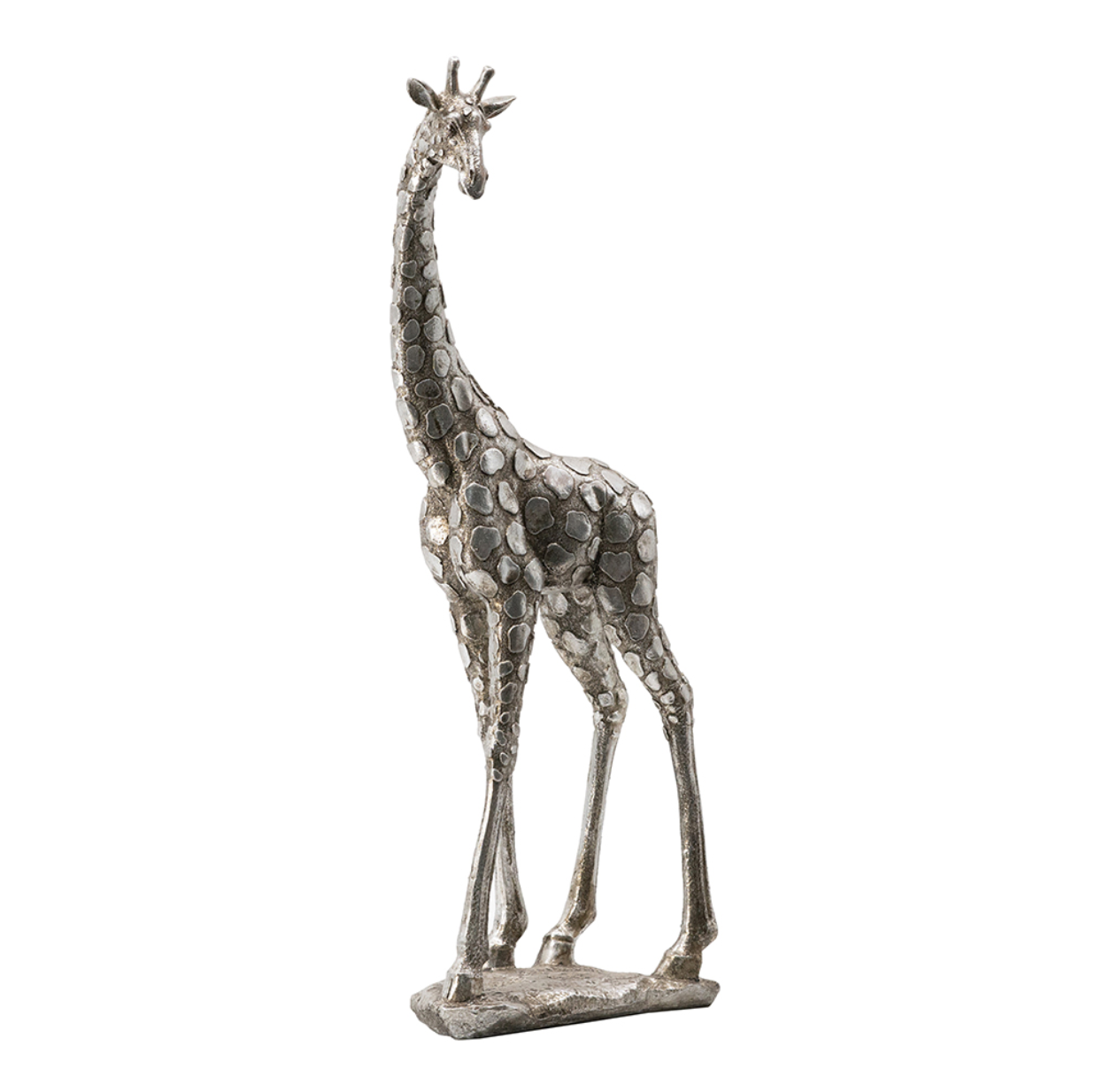 A faux marble effect standing giraffe statue made from stone powder and resin.