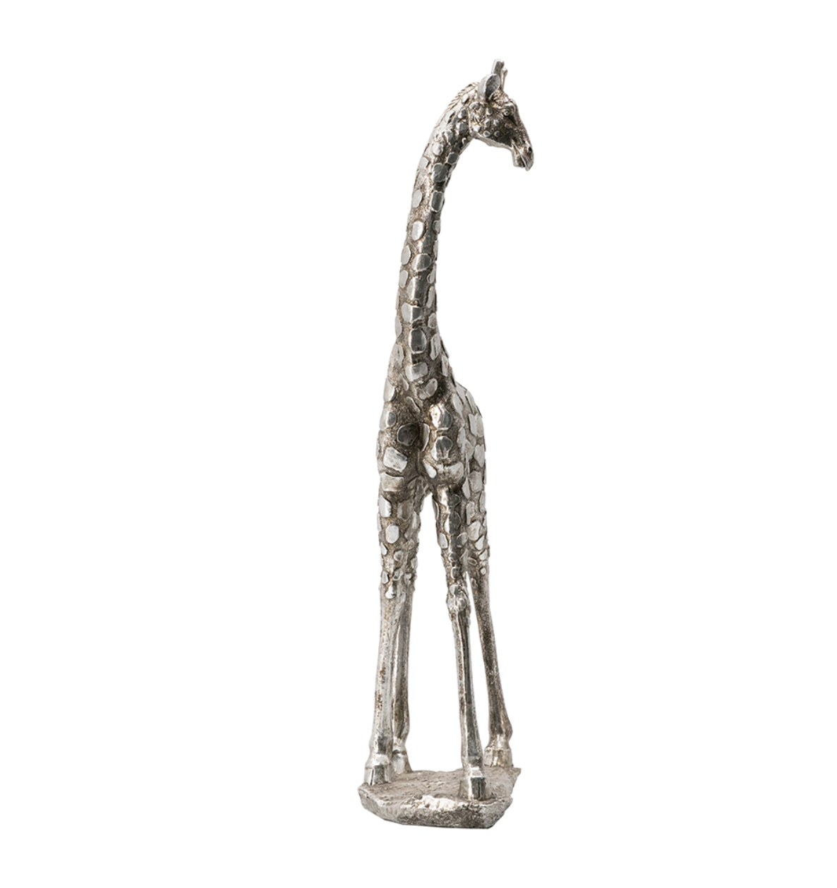 A faux marble effect standing giraffe statue made from stone powder and resin.