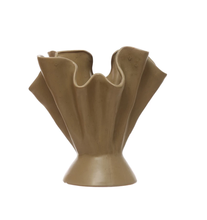 Stoneware Ruffled Vase, Sage Color