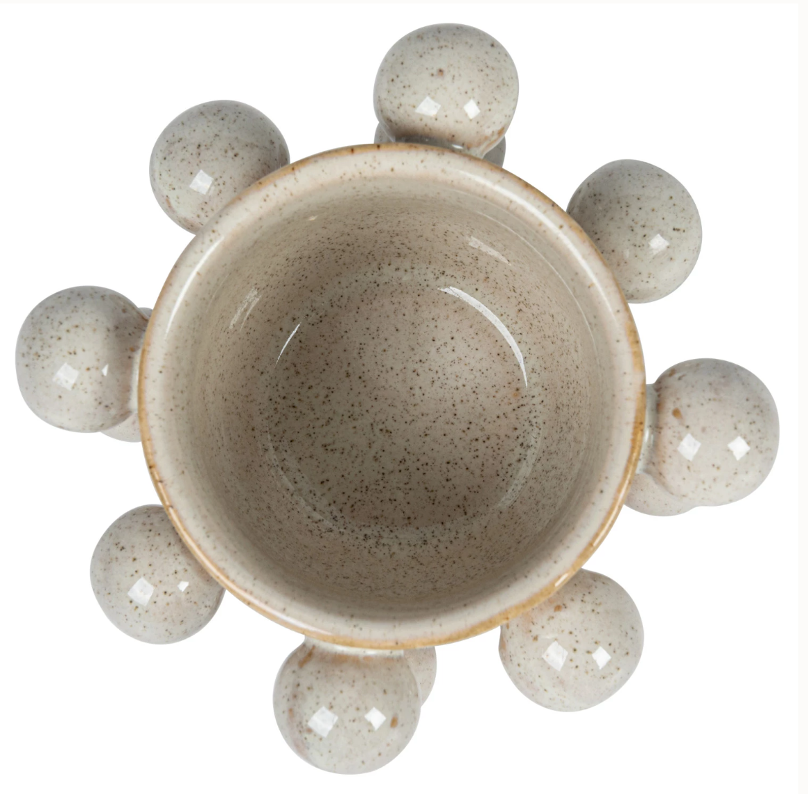 A round stoneware planter with speckled cream color and reactive glaze, featuring multiple orbs on the side.
