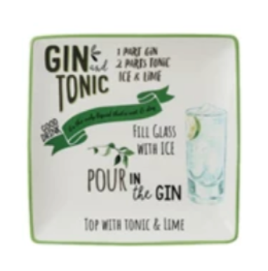 Decorative plate with gin and tonic instructions and a glass illustration on a white background