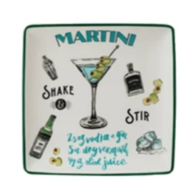 Decorative plate with martini illustration and text on a white background