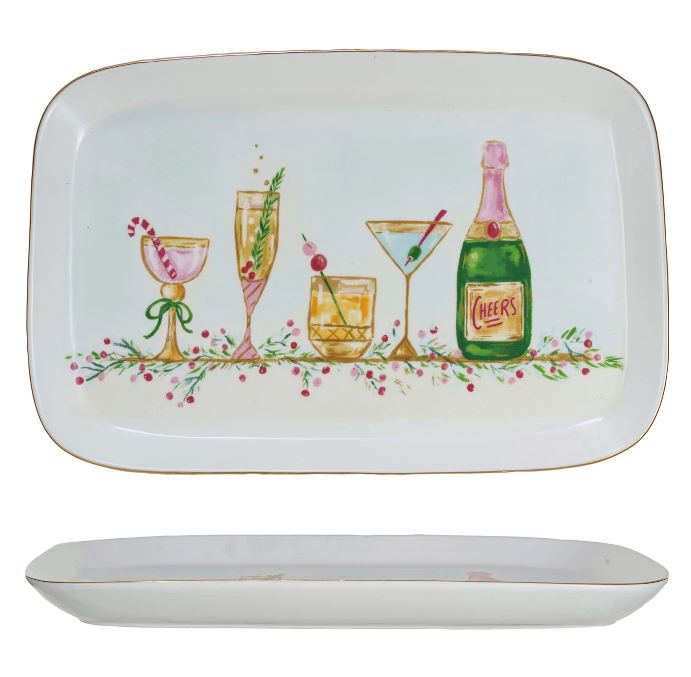 The multi-color design captures the spirit of the season, while the gold accents add a touch of sophistication. Measuring 15 inches long and 10 inches wide, it provides generous space for presenting any favorite holiday treats. The food-safe material ensures that it's perfect for serving guests, and the hand wash recommendation will keep it looking splendid for many holidays to come. Whether used for serving drinks or displaying seasonal hors d'oeuvres, this platter is sure to impress and become a cherished