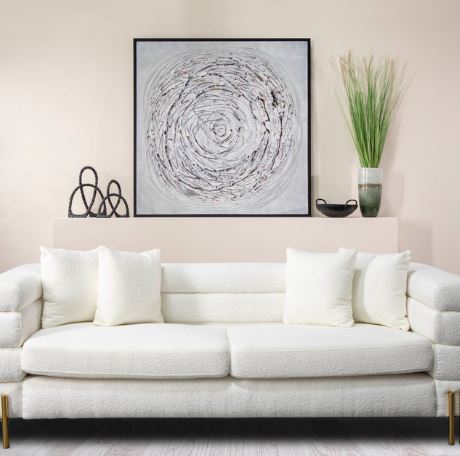 The 52" x 52" Swirl Painting in Gray with Black Frame is a captivating piece of modern art that blends fluid motion with monochromatic elegance. Featuring a dynamic swirl design in varying shades of gray, this hand-painted artwork is framed in sleek black, adding a touch of sophistication. Its substantial size makes it a perfect centerpiece for living rooms, dining areas, or offices, enhancing your decor with contemporary style and visual intrigue.