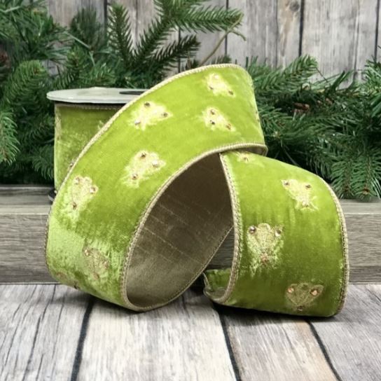 Velvet Embroidery Bee Ribbon, Moss Green 2.5" x 5 yds