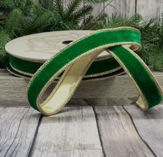 Velvet Glitter Gold TRim Ribbon, Emerald Green 1" x 10 yds