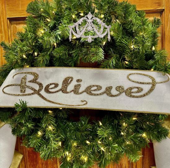 Velvet Gold Glitter Believe Banner, Gold Back, Winter White 6" x 70"