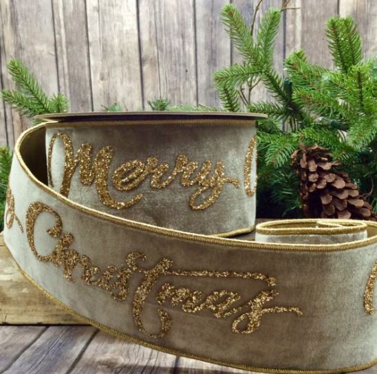 Celebrate the season in style with our Platinum Velvet Gold Glitter Merry Christmas Ribbon. Measuring 4" wide and 10 yards long, this luxurious ribbon features a soft velvet texture embellished with sparkling gold glitter and a festive "Merry Christmas" message.