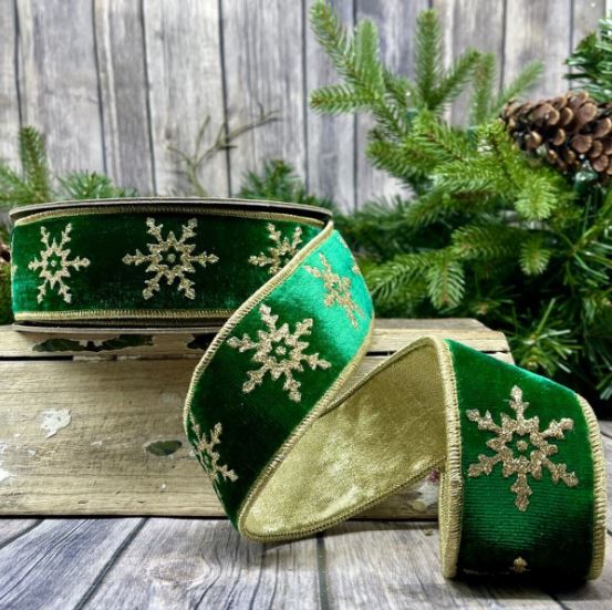 Velvet Gold Glitter Snowflake Ribbon, Emerald Green 2" x 10 yds