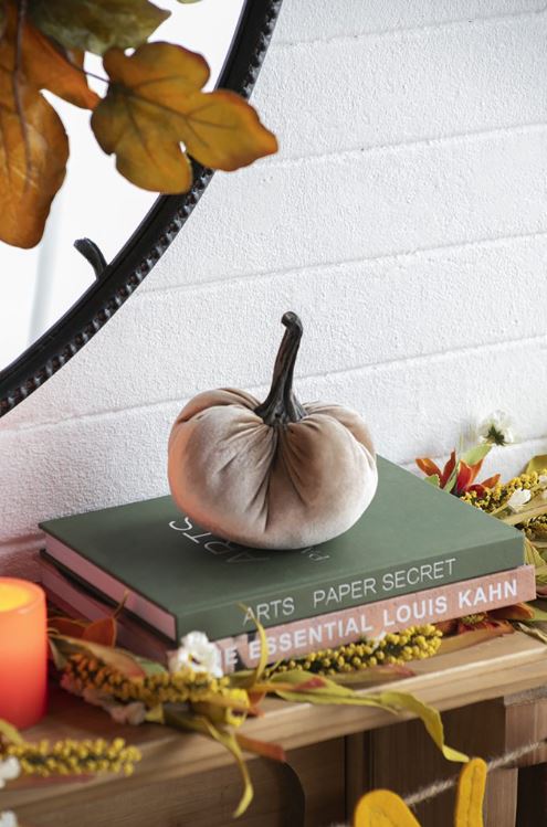 Velvet Weighted Pumpkin W/Resin Stem, Tuscan Tan