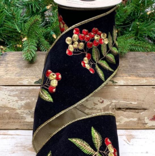 This stunning ribbon features a rich velvet front adorned with intricate pyracantha berry embroidery, creating a beautiful and vibrant design. The soft taffeta back adds durability and elegance, making it perfect for gift wrapping, floral arrangements, or crafting. Ideal for both festive and everyday use, this ribbon brings a touch of nature's beauty and sophistication to any project. Elevate your creations with this charming and luxurious ribbon!