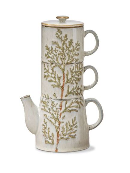 Features stoneware body, reactive glaze finish, and hand stamped design. beautifully versatile and functional. includes a mugs.