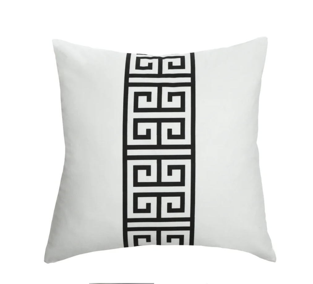 Measuring 24 inches, this stunning pillow features a striking black Chinese decorative pattern on a crisp white linen backdrop, creating a timeless and stylish addition to any decor.