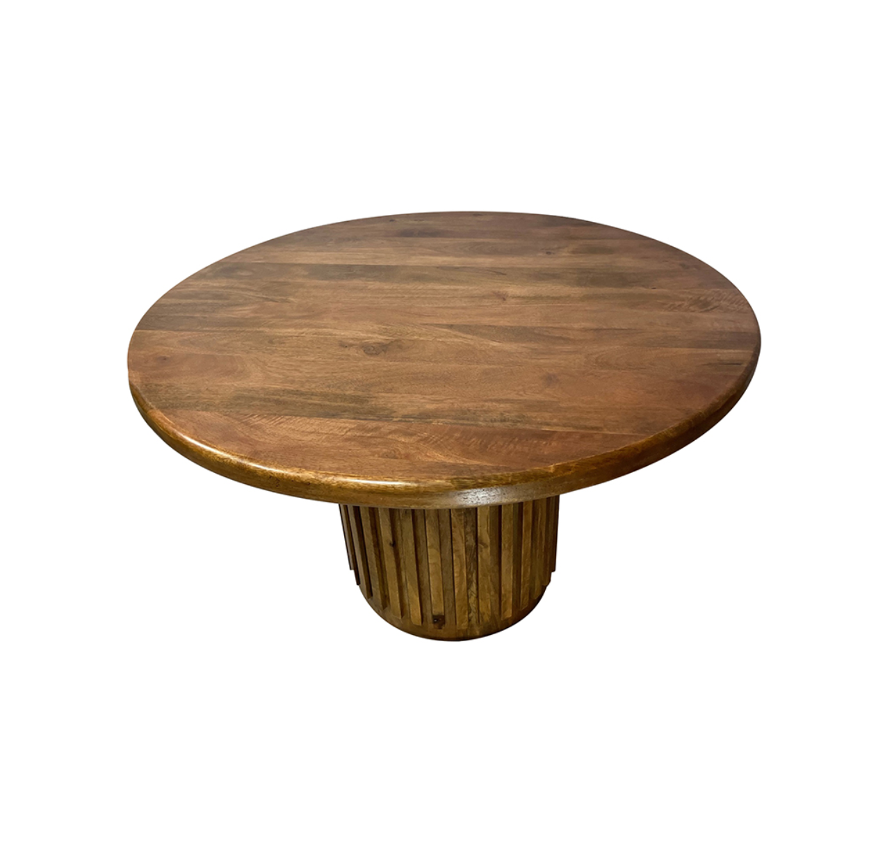 With its round, spacious tabletop, alluringly carved vertical patterns across the base, and walnut brown hue, this dining table combines earthy grace with practical function. Standing 30 tall with a 47 diameter, it will make a great addition to your home, infusing your family dinners and casual gatherings with an organic modern flair.