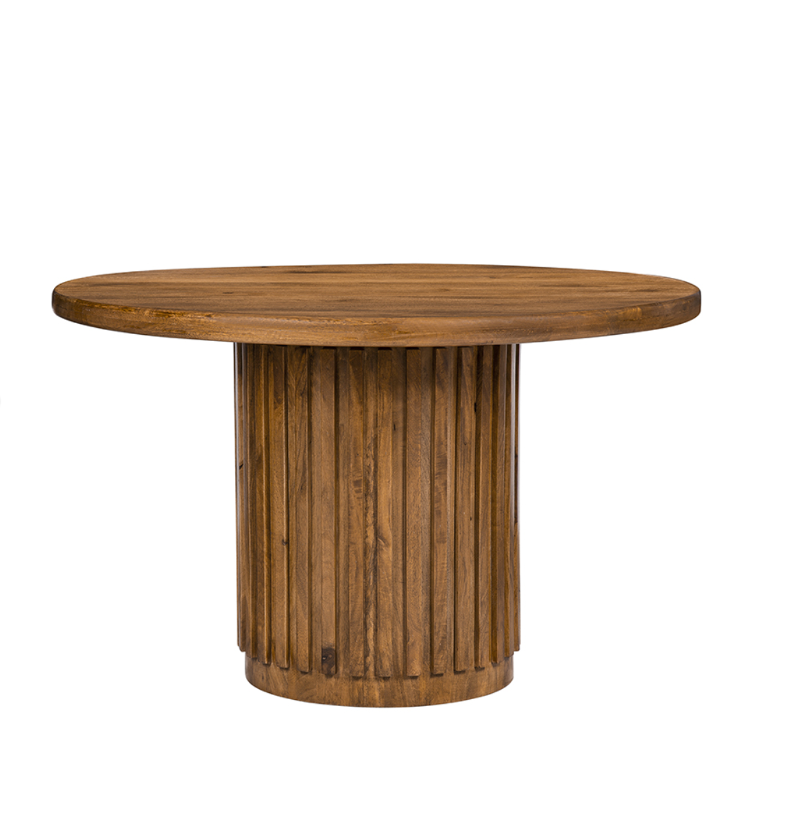 With its round, spacious tabletop, alluringly carved vertical patterns across the base, and walnut brown hue, this dining table combines earthy grace with practical function. Standing 30 tall with a 47 diameter, it will make a great addition to your home, infusing your family dinners and casual gatherings with an organic modern flair.