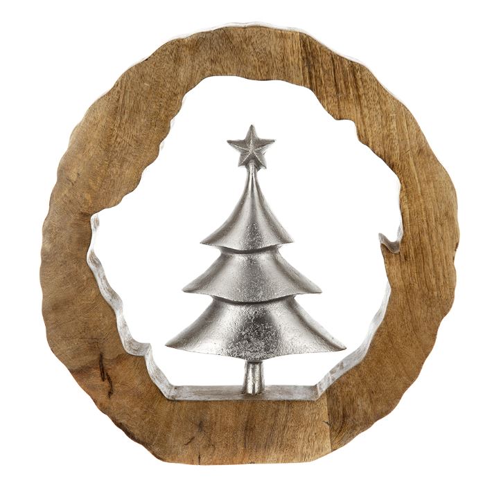 This unique decor piece combines the warmth of natural wood with the modern elegance of aluminum, creating a striking focal point for any room. Perfect for tabletops or shelves, its minimalist design effortlessly complements a variety of styles, from rustic to contemporary. Bring a touch of nature indoors and let this eye-catching piece inspire serenity in your home.