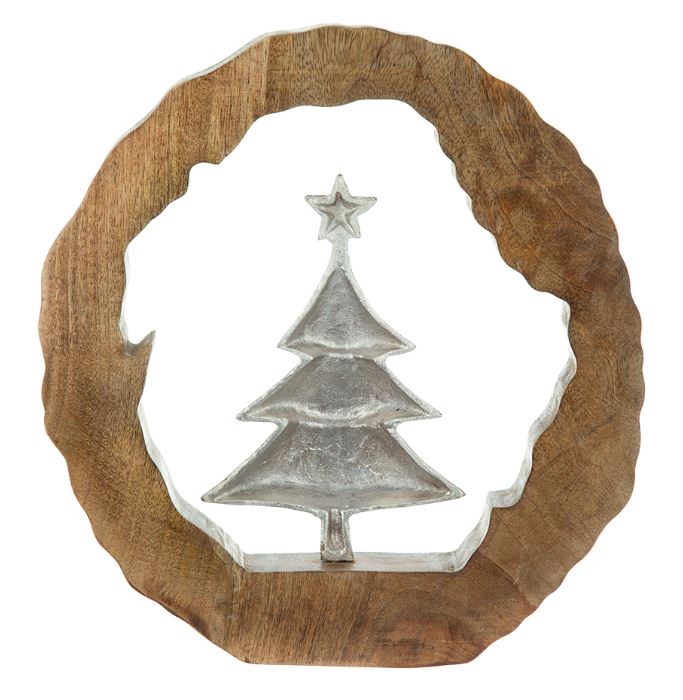 This unique decor piece combines the warmth of natural wood with the modern elegance of aluminum, creating a striking focal point for any room. Perfect for tabletops or shelves, its minimalist design effortlessly complements a variety of styles, from rustic to contemporary. Bring a touch of nature indoors and let this eye-catching piece inspire serenity in your home.