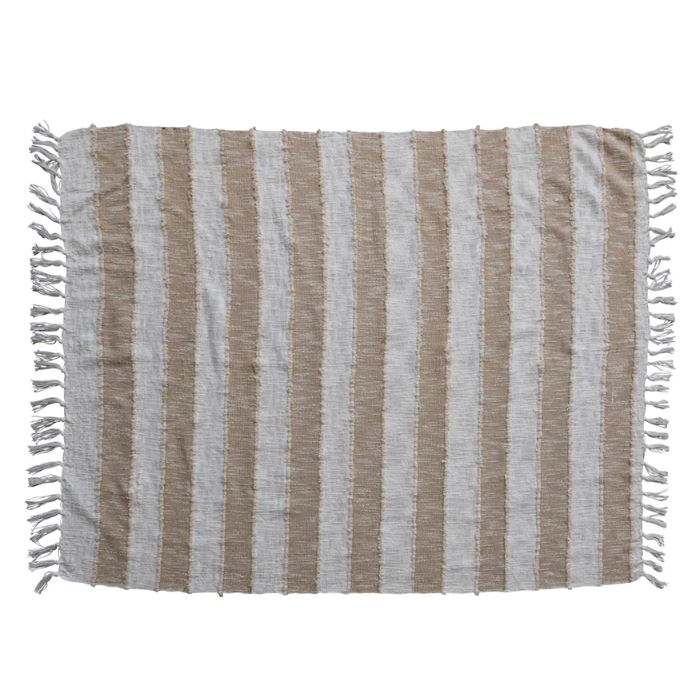 Add comfort and style to the home with this cotton throw with stripes and fringe in tan and natural. This throw blanket features soft cotton that creates a cozy and inviting feel. The woven stripes add some texture and detail to the simple design. The fringe adds some flair and movement to the edges of the throw. The tan and natural color is neutral and earthy and can match any color scheme or theme. This throw blanket is ideal for displaying in a living space of any style, from Scandinavian to farmhouse. 