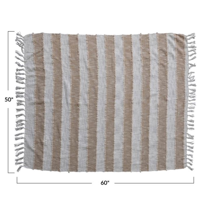 Add comfort and style to the home with this cotton throw with stripes and fringe in tan and natural. This throw blanket features soft cotton that creates a cozy and inviting feel. The woven stripes add some texture and detail to the simple design. The fringe adds some flair and movement to the edges of the throw. The tan and natural color is neutral and earthy and can match any color scheme or theme. This throw blanket is ideal for displaying in a living space of any style, from Scandinavian to farmhouse. 