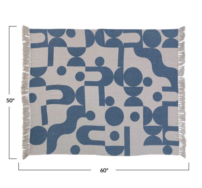 Transform the space with this woven reclaimed cotton blend printed throw with abstract design and fringe in blue and beige. This throw blanket features a woven reclaimed cotton blend that creates a soft and cozy feel. The abstract design adds some contrast and interest to the simple design. The design is captivating and colorful, giving the throw a contemporary and artistic look.