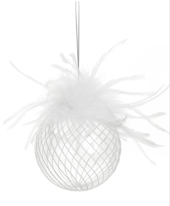 Xmas Ornament Glass/Paint/Feather, Clear/White