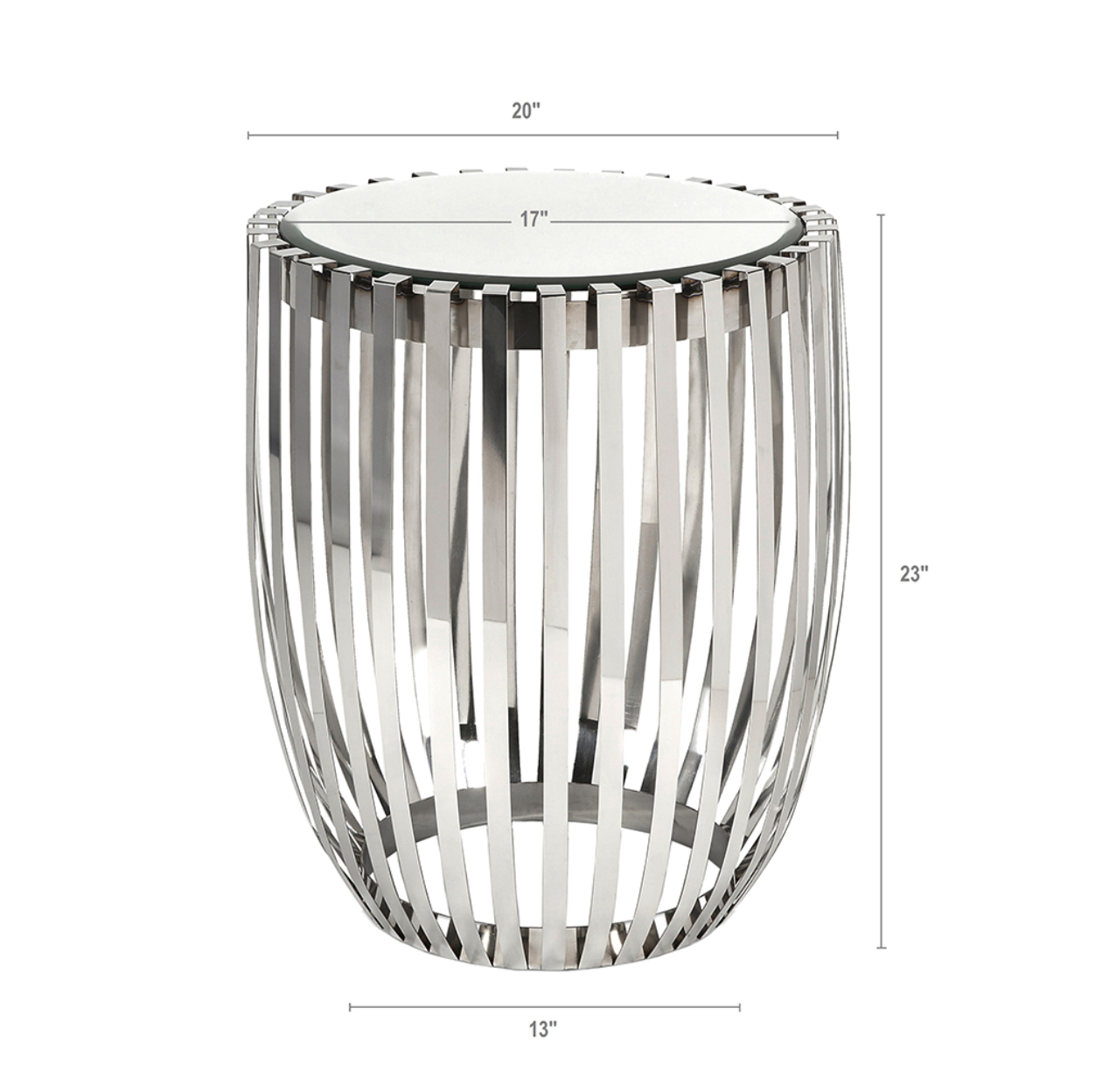 The Design

Clean, polished steel ribs form the body of this drum style table with mirrored top. Very simple and sophisticated, this table will glide right into your contemporary room design.

The Features

Sophisticated mirror top furthers the contemporary aesthetic.

Product Details

80% Stainless Steel,20% Glass 