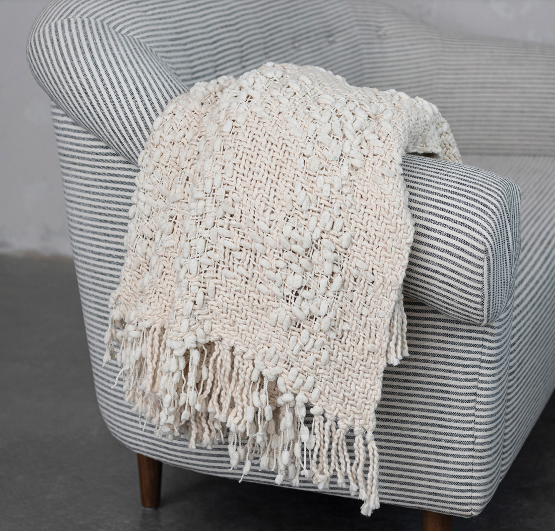  This throw blanket features a cable knit pattern that creates a sophisticated and cozy look. The fringe trim adds some flair and movement to the edges of the throw. The natural color is neutral and elegant and can blend with any color scheme or theme. This throw blanket is ideal for providing a rugged texture and stylish accent to a modern or rustic space in the home or office. 