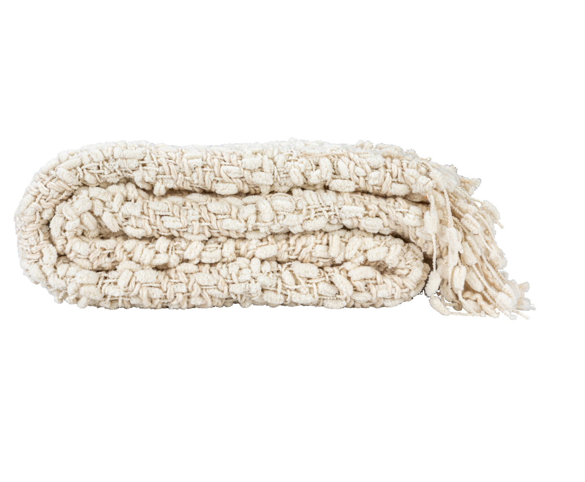  This throw blanket features a cable knit pattern that creates a sophisticated and cozy look. The fringe trim adds some flair and movement to the edges of the throw. The natural color is neutral and elegant and can blend with any color scheme or theme. This throw blanket is ideal for providing a rugged texture and stylish accent to a modern or rustic space in the home or office. 