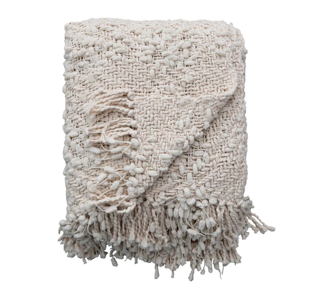  This throw blanket features a cable knit pattern that creates a sophisticated and cozy look. The fringe trim adds some flair and movement to the edges of the throw. The natural color is neutral and elegant and can blend with any color scheme or theme. This throw blanket is ideal for providing a rugged texture and stylish accent to a modern or rustic space in the home or office. 