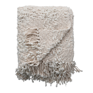  This throw blanket features a cable knit pattern that creates a sophisticated and cozy look. The fringe trim adds some flair and movement to the edges of the throw. The natural color is neutral and elegant and can blend with any color scheme or theme. This throw blanket is ideal for providing a rugged texture and stylish accent to a modern or rustic space in the home or office. 